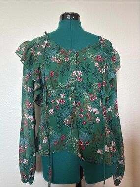 Lulu's Emerald Green Floral Ruffle Blouse